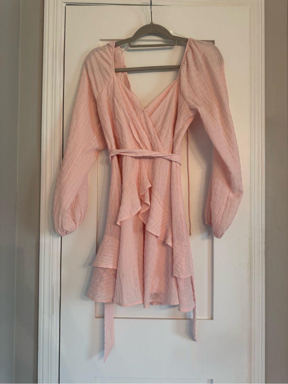 Long Sleeve Pink Ruffle Wrap Dress with Tie Waist